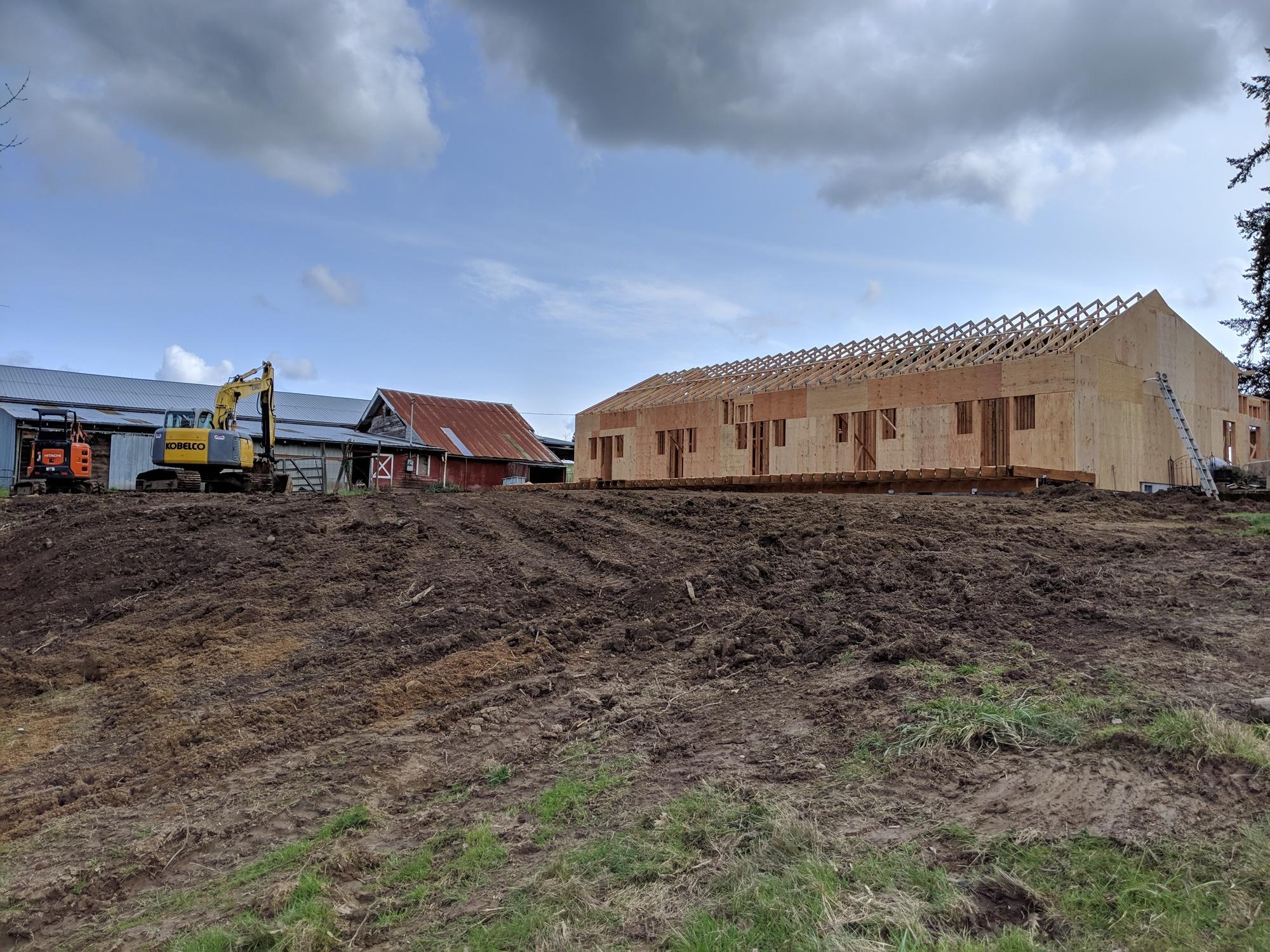 Wood-framed house addition under construction